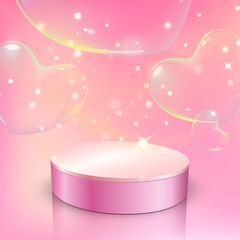 Square romantic scene with glossy pink cylindrical podium on soft light pink background. Floating bubble hearts and tiny glowing lights create magical Valentine atmosphere, perfect for love themed pro