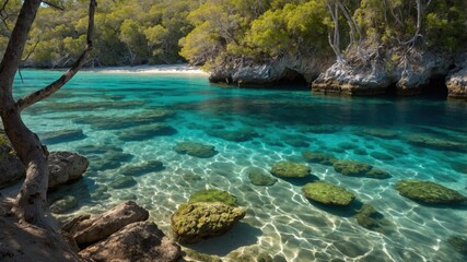 Serene coastal landscape showcasing clear turquoise waters, rocky formations, and lush greenery