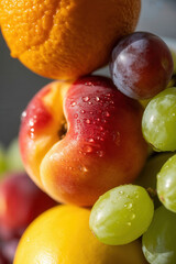 Orange, red peach, purple grape, green grape, and yellow fruit stacked with water droplets visible