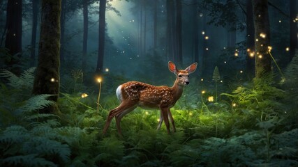 A serene fawn standing amidst lush green ferns in a mystical forest illuminated by fireflies