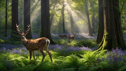 Majestic deer grazing in a lush forest filled with vibrant bluebells and dappled sunlight