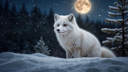 Majestic Arctic Fox in a Snowy Landscape Under a Full Moon with Pine Trees in the Background