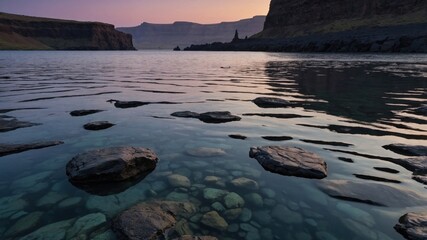 Serene river landscape at dusk with clear water reflecting rocks and cliffs in the background