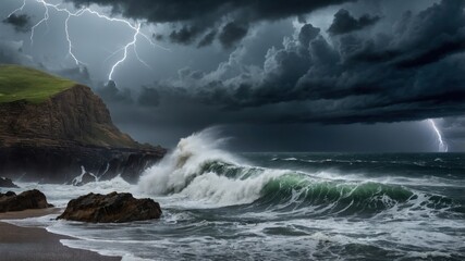 Dramatic seascape showcasing turbulent waves crashing against rocky cliffs under a stormy sky filled with lightning