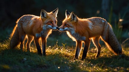 Two red foxes playfully interacting in a sunlit forest clearing, surrounded by soft grass and foliage