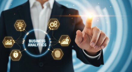 Business Analytics Concept: Man Interacting with Digital Interface Representing Data Insights and Strategic Decision-Making