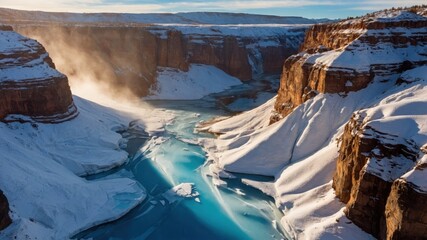 Majestic winter landscape of a river winding through snow-covered canyons with mist rising