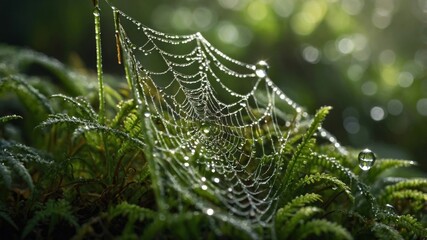 Delicate spider web adorned with morning dew, nestled among lush green ferns in a serene forest setting