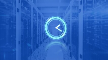 Animation of neon ticking clock and abstract hexagonal shape against computer server room - Powered by Adobe