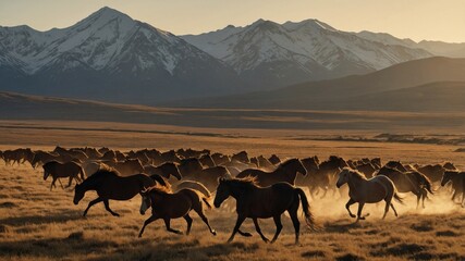 Herd of wild horses galloping across golden grasslands at sunset with majestic mountains in the background