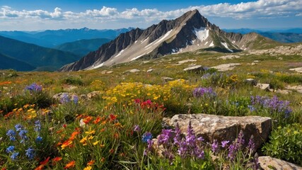 Vibrant wildflower meadow in the mountains under a clear blue sky with distant peaks and clouds