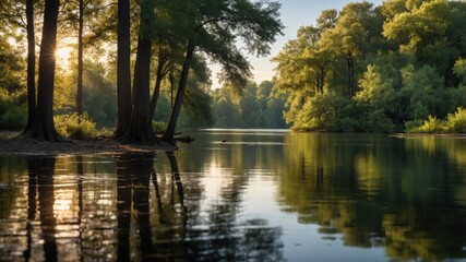 Serene river landscape at sunrise with lush trees reflecting on calm water, evoking tranquility