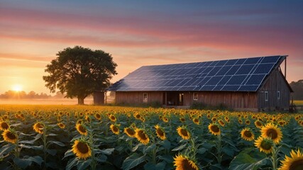 Serene sunrise over a sunflower field with a rustic barn featuring solar panels in the background