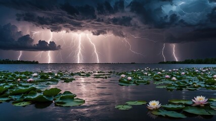 Dramatic lightning storm over a serene lake filled with water lilies, showcasing nature's power