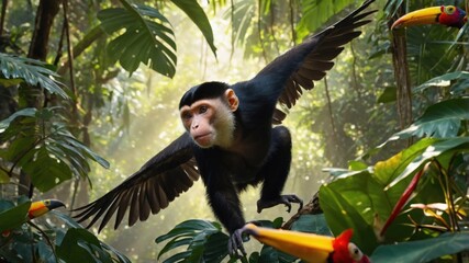Monkey soaring through lush jungle foliage with colorful toucans in vibrant, sunlit rainforest