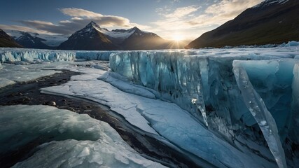Majestic glacier landscape at sunrise with icy formations and mountains under a clear sky