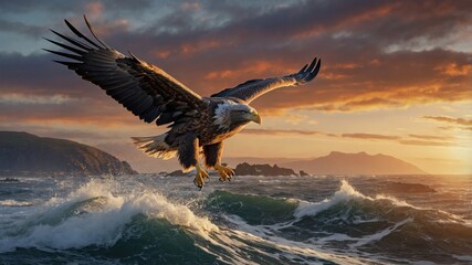 Majestic eagle soaring over turbulent ocean waves at sunset, capturing the beauty of nature's power