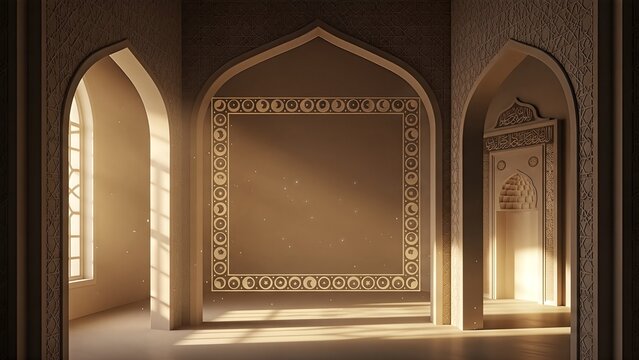 Interior architectural detail with arched openings and decorative plasterwork illuminated by sunlight.
