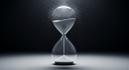 Abstract hourglass with sand flowing upward and dissolving into light particles, symbolizing time pressure, urgency, and fleeting moments.