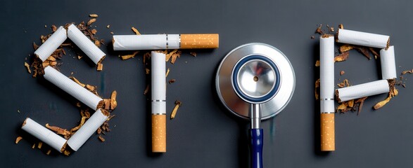 Stop smoking concept word stop made of cigarettes and stethoscope on dark background
