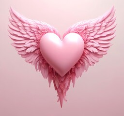 Valentine love heart with angel wings, soft pink and red colors, white background