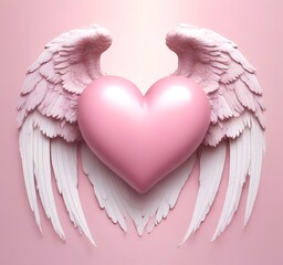 Valentine love heart with angel wings, soft pink and red colors, white background