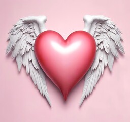 Valentine love heart with angel wings, soft pink and red colors, white background