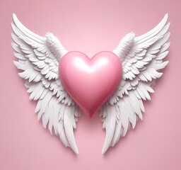 Valentine love heart with angel wings, soft pink and red colors, white background
