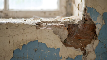 Extreme close-up of peeling old plaster revealing faded blue underlayer and brick, cracks and crumbling texture, soft diffused natural light
