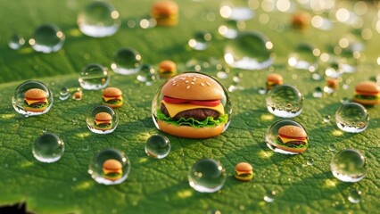 Reflective water drops on leaf showing mini burgers