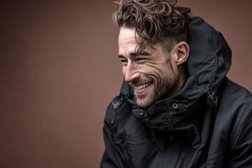 Fototapeta premium grinning man in his 30s wearing a functional windbreaker isolated on soft brown background