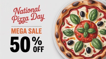 National pizza day mega sale 50% off promotion banner with delicious margherita pizza illustration