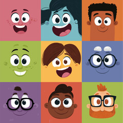 Fototapeta premium Cheerful cartoon faces on a colorful background expressing various emotions and concepts. Cartoon faces showing emotions and different personalities