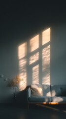 Obraz premium Sunlight through window in empty room, cozy minimal interior with shadows