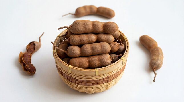 Fresh tamarind pods in a small woven bamboo basket on white background