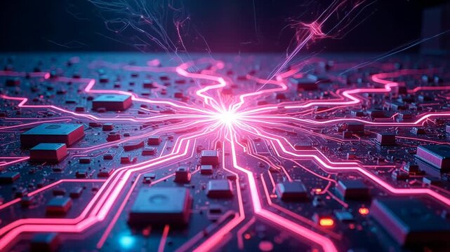 Close-up view of a futuristic circuit board featuring bright, glowing pink neon energy pathways connecting complex electronic components dynamically.