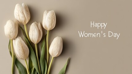 Elegant white tulips arranged for a Happy Women's Day celebration on a neutral background