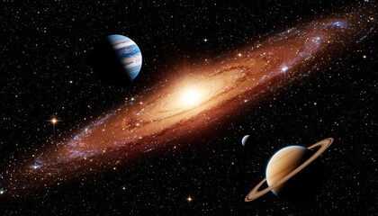 Cosmic Black Hole with Planets and Stars on Deep Space Background