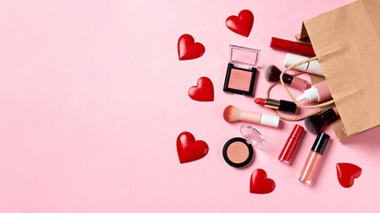 Beauty makeup from a craft bag decorated with red hearts on pink background. Top view, text space