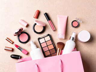 Beauty products and cosmetics spilling from a pink shopping bag