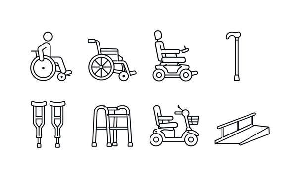 Outline icons of mobility and accessibility aids including wheelchair, powered scooter, walker, crutches, cane, and ramp for disability support