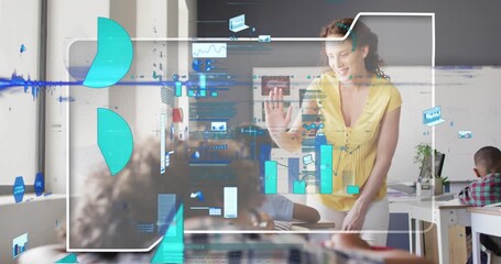 Animation of data processing over diverse schoolchildren with teacher - Powered by Adobe