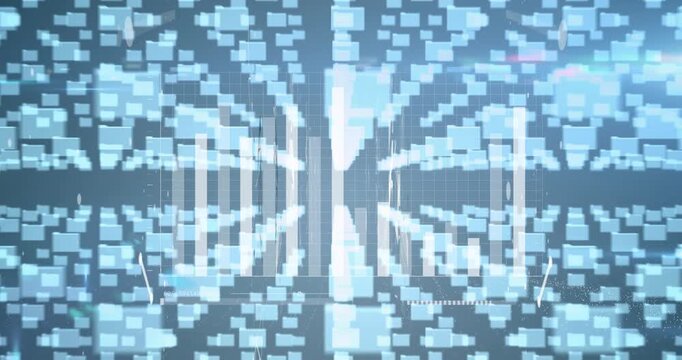 Animation of multiple folder icons over statistical data processing and security padlock icon