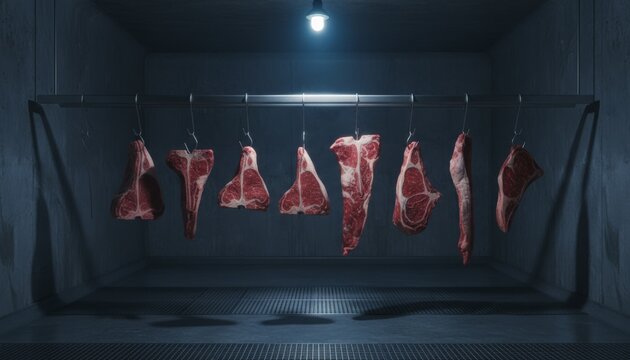 Raw beef steaks of various cuts hanging on metal hooks in a dimly lit industrial walk in refrigerator, emphasizing food storage, meat processing, and freshness concepts