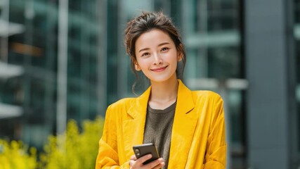 Smiling Professional Woman Outdoors Using Smartphone