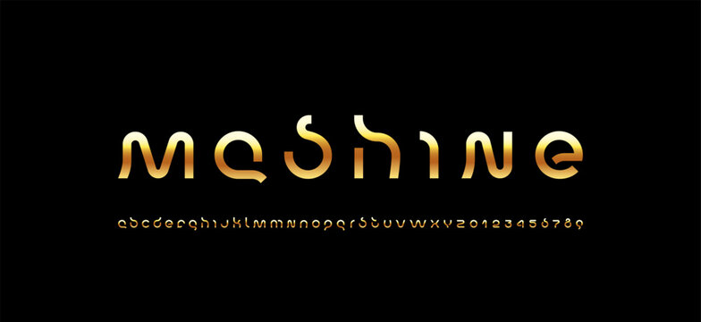 Technology golden font, digital cyber alphabet, Latin letters A, B, C, D, E, F, G, H, I, J, K, L, M, N, O, P, Q, R, S, T, U, V, W, X, Y, Z and Arab numerals 0, 1, 2, 3, 4, 5, 6, 7, 8, 9 space style, v