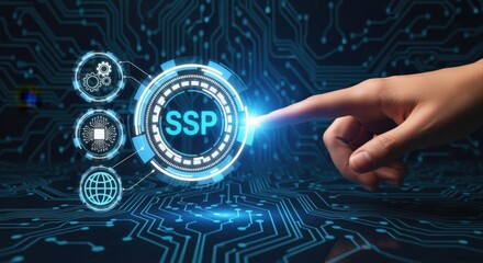 Interactive SSP Technology Interface with Finger Activation, Representing Modern Digital Solutions and Connectivity for Global Business