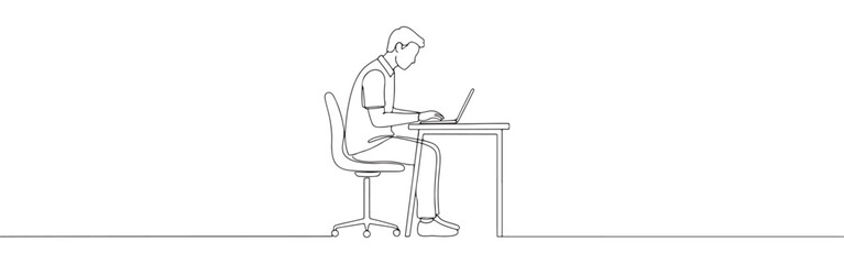 One continuous line drawing of man sitting at a desk and working on a laptop. Minimalist style