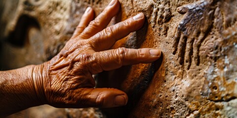 Senior archaeologist touching ancient handprints on cave wall