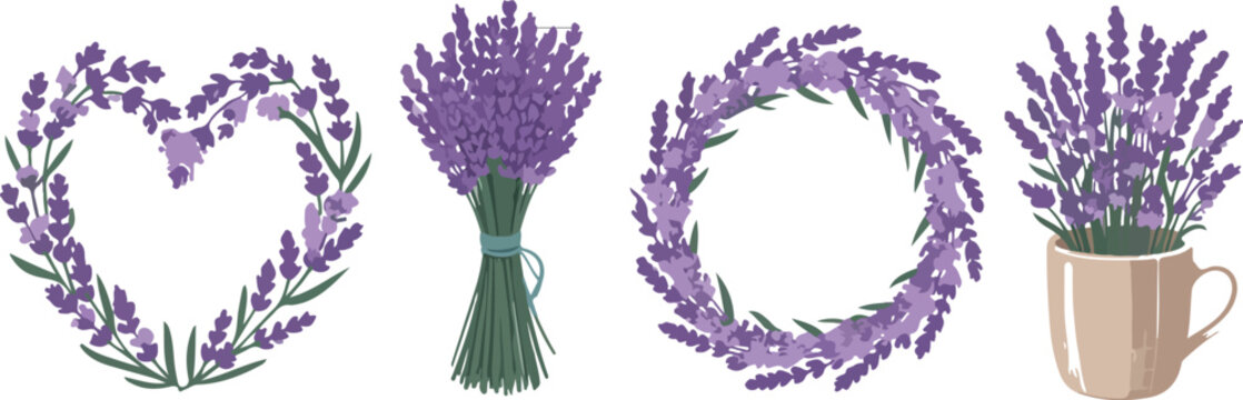 Violet Lavender Twigs Bouquet, Wreath, and Vase &ndash; Vector Set